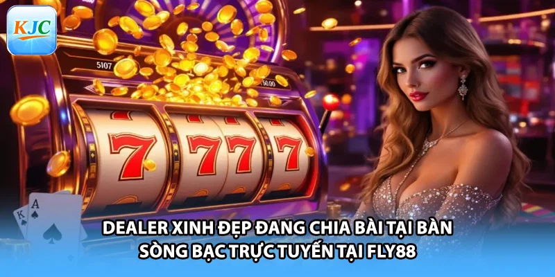 Dealer xinh đẹp đang chia bài tại bàn sòng bạc trực tuyến tại FLY88